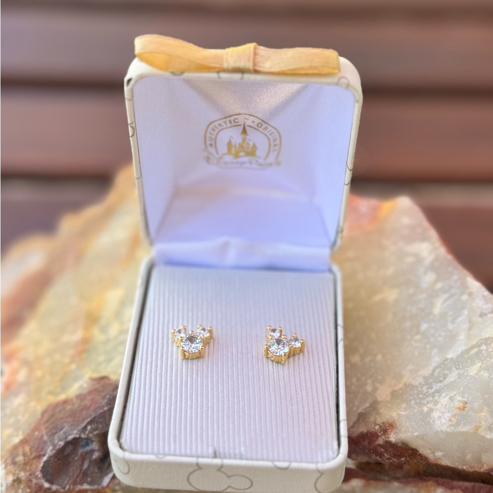 Sparkly Disney Parks Mickey Mouse Icon Gold Toned Crystal Stud Earrings- NIB